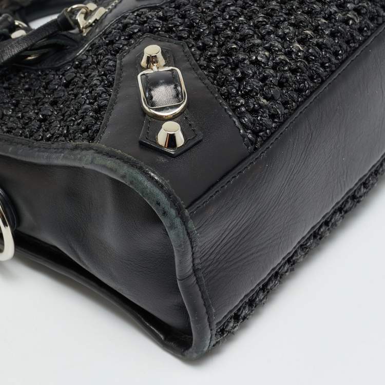 Pre Owned Balenciaga Classic City Mini Black Leather and Raffia Bag