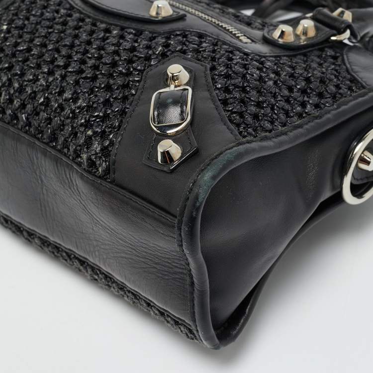 Pre Owned Balenciaga Classic City Mini Black Leather and Raffia Bag