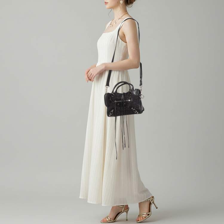 Pre Owned Balenciaga Classic City Mini Black Leather and Raffia Bag