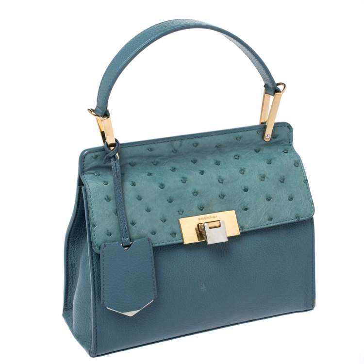 Pre Owned Balenciaga Blue Leather and Ostrich Le Dix Cartable Top Handle Bag