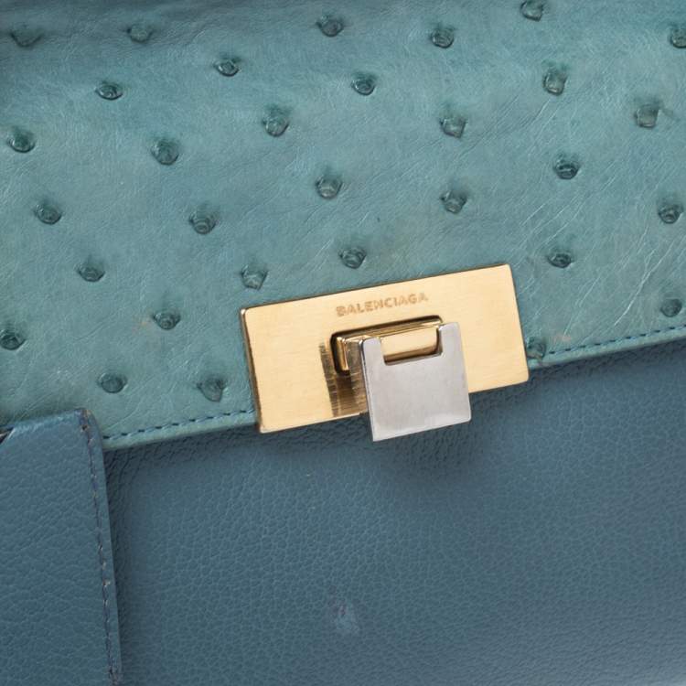 Pre Owned Balenciaga Blue Leather and Ostrich Le Dix Cartable Top Handle Bag