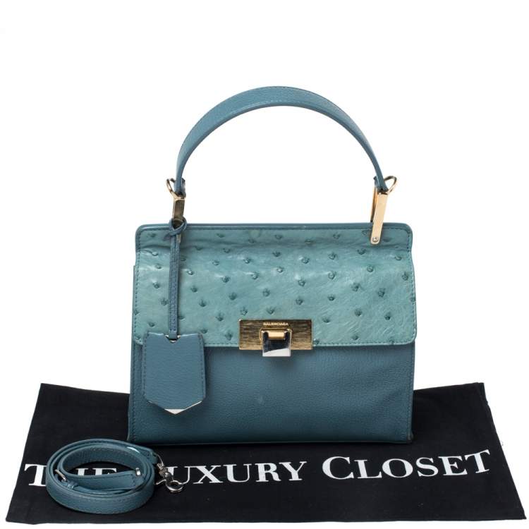 Pre Owned Balenciaga Blue Leather and Ostrich Le Dix Cartable Top Handle Bag
