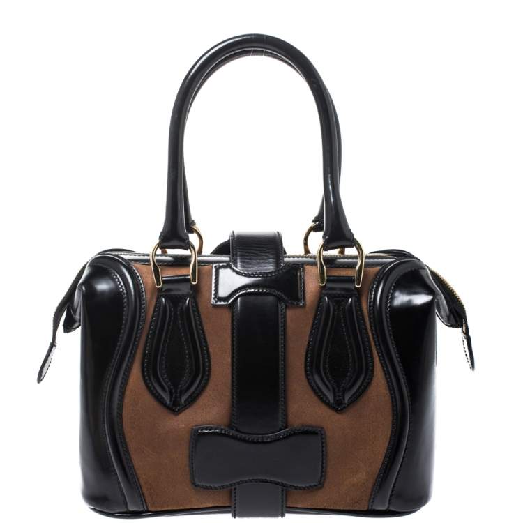 Pre Owned Balenciaga Black/Brown Patent Leather and Suede Sac Superb Bag