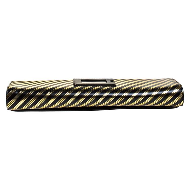 Pre Owned Balenciaga Black/Gold Striped Leather Oversize Chain Clutch