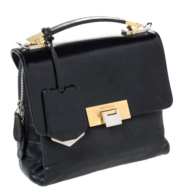 Pre Owned Balenciaga Black Croc Embossed and Leather Le Dix Cartable Top Handle Bag