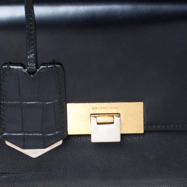 Pre Owned Balenciaga Black Croc Embossed and Leather Le Dix Cartable Top Handle Bag