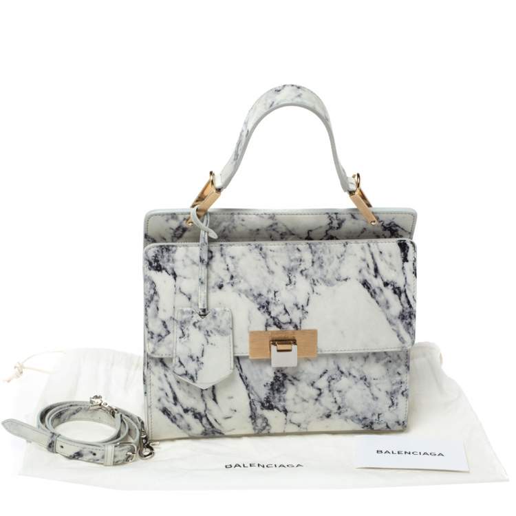 Pre Owned Balenciaga White Marble Print Leather Le Dix Cartable Top Handle Bag