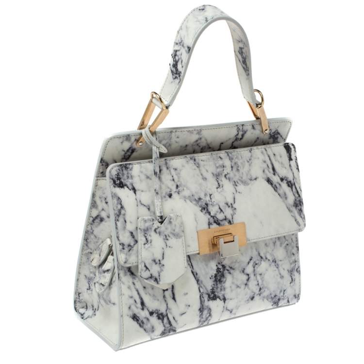 Pre Owned Balenciaga White Marble Print Leather Le Dix Cartable Top Handle Bag