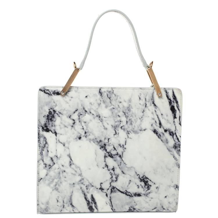 Pre Owned Balenciaga White Marble Print Leather Le Dix Cartable Top Handle Bag