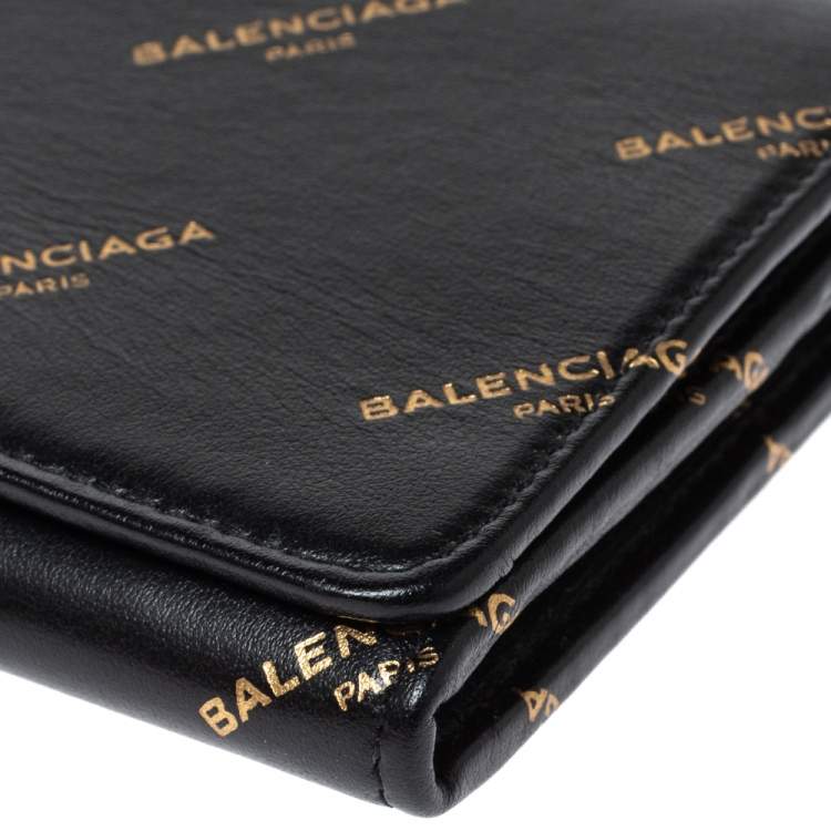 Pre Owned Balenciaga Black Bazar Logo Leather Flap Continental Wallet