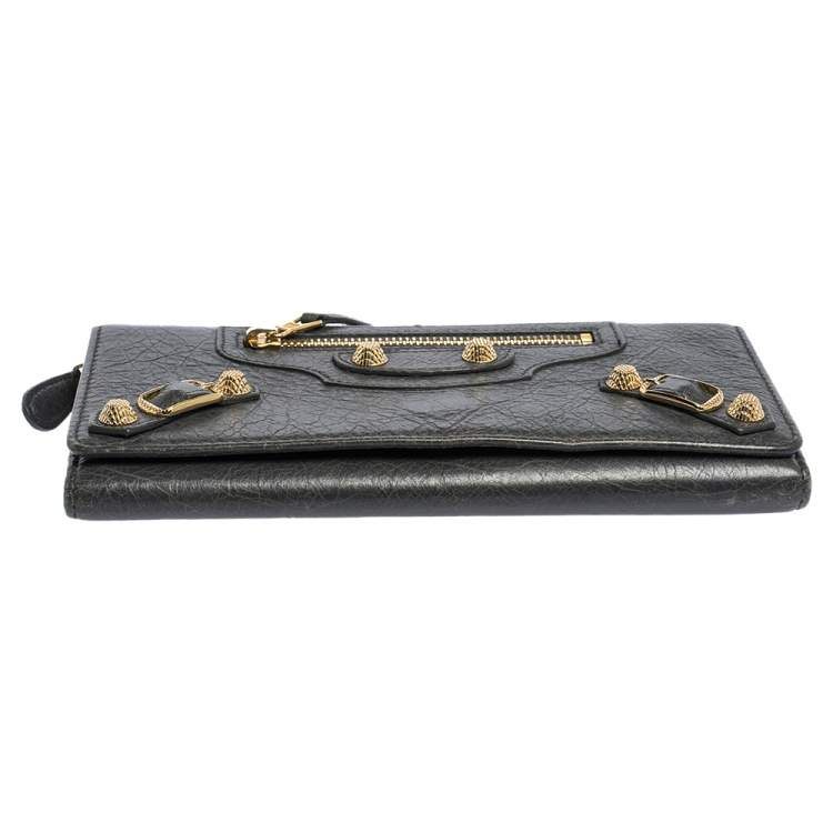 Pre Owned Balenciaga Grey Aged Leather Metallic Edge Flap Continental Wallet