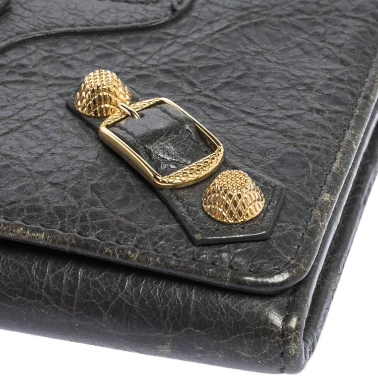Pre Owned Balenciaga Grey Aged Leather Metallic Edge Flap Continental Wallet