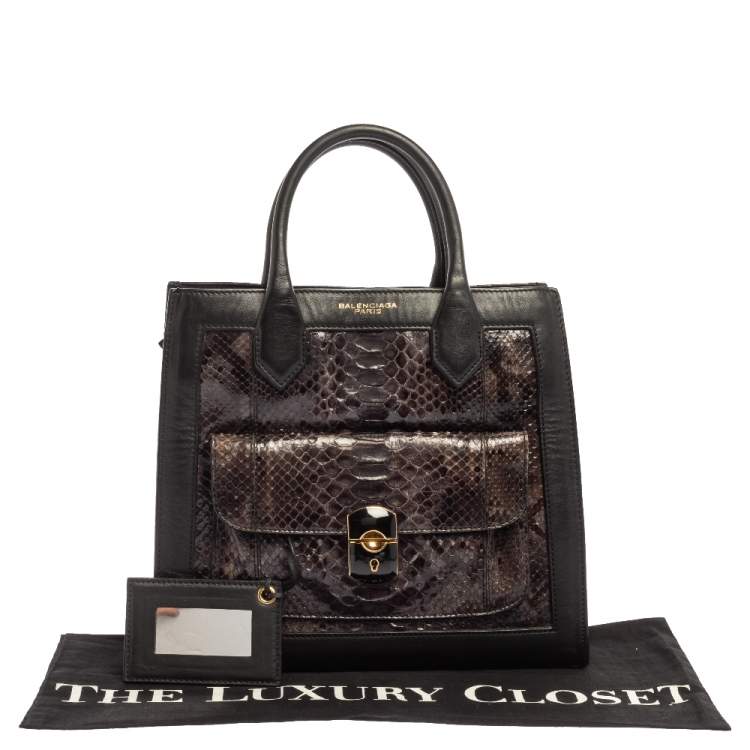 Pre Owned Balenciaga Black Leather and Python Padlock All Afternoon Tote