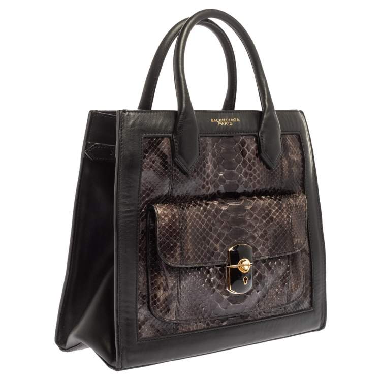 Pre Owned Balenciaga Black Leather and Python Padlock All Afternoon Tote