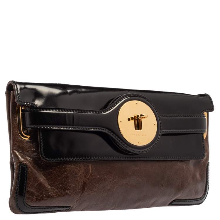 Pre Owned Balenciaga Brown/Black Leather and Patent Leather Lune Clutch
