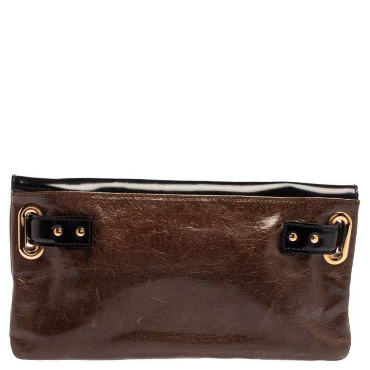 Pre Owned Balenciaga Brown/Black Leather and Patent Leather Lune Clutch