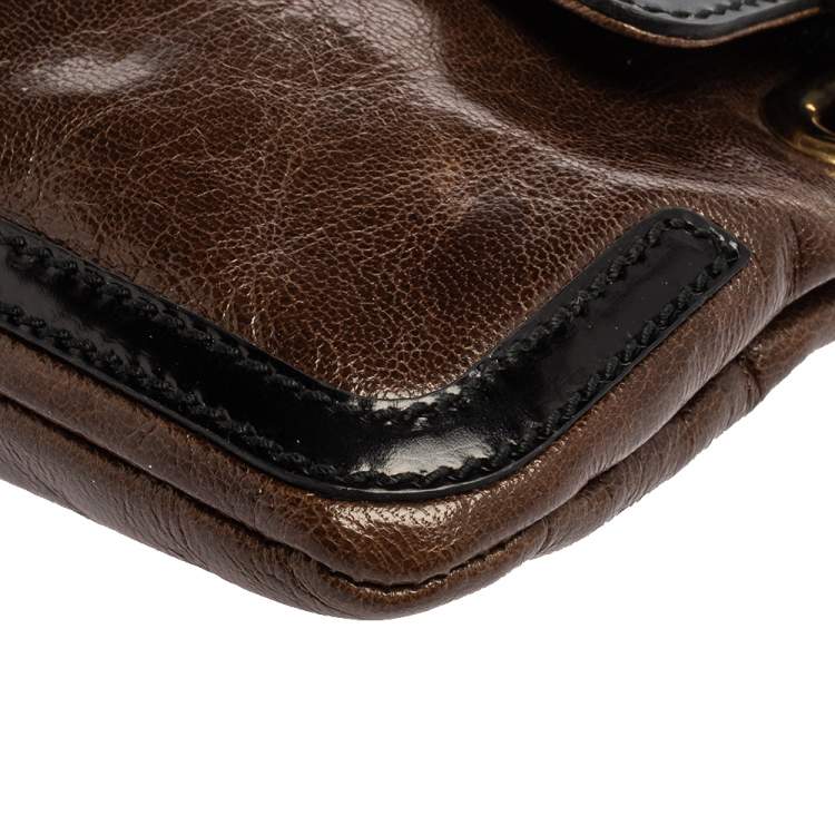 Pre Owned Balenciaga Brown/Black Leather and Patent Leather Lune Clutch
