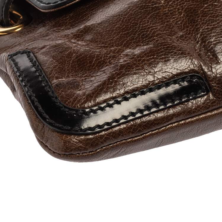Pre Owned Balenciaga Brown/Black Leather and Patent Leather Lune Clutch