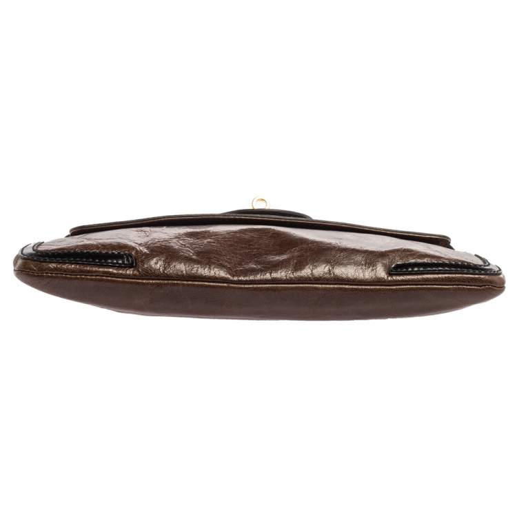 Pre Owned Balenciaga Brown/Black Leather and Patent Leather Lune Clutch
