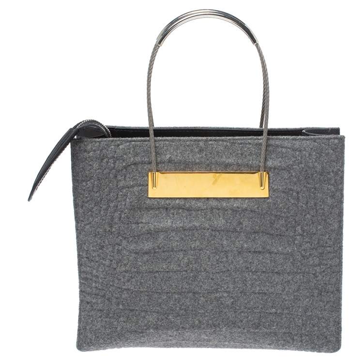 Pre Owned Balenciaga Grey Wool and Leather Small Cable Shopper Tote