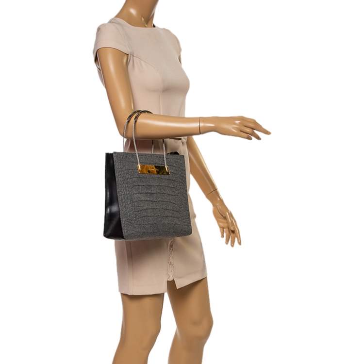 Pre Owned Balenciaga Grey Wool and Leather Small Cable Shopper Tote