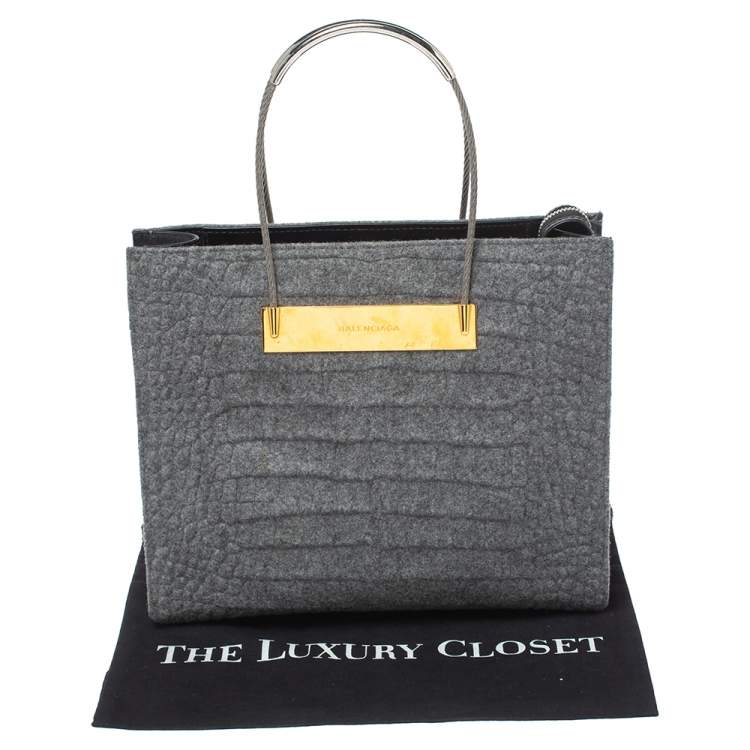 Pre Owned Balenciaga Grey Wool and Leather Small Cable Shopper Tote