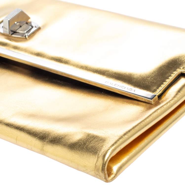 Pre Owned Balenciaga Metallic Gold Leather Turnlock Metal Flap Clutch