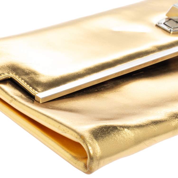 Pre Owned Balenciaga Metallic Gold Leather Turnlock Metal Flap Clutch