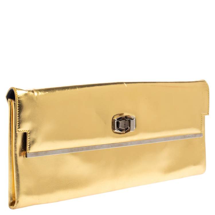 Pre Owned Balenciaga Metallic Gold Leather Turnlock Metal Flap Clutch