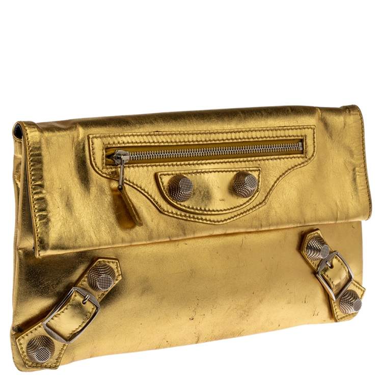 Pre Owned Balenciaga Metallic Gold Leather Motocross Giant 21 Envelope Clutch
