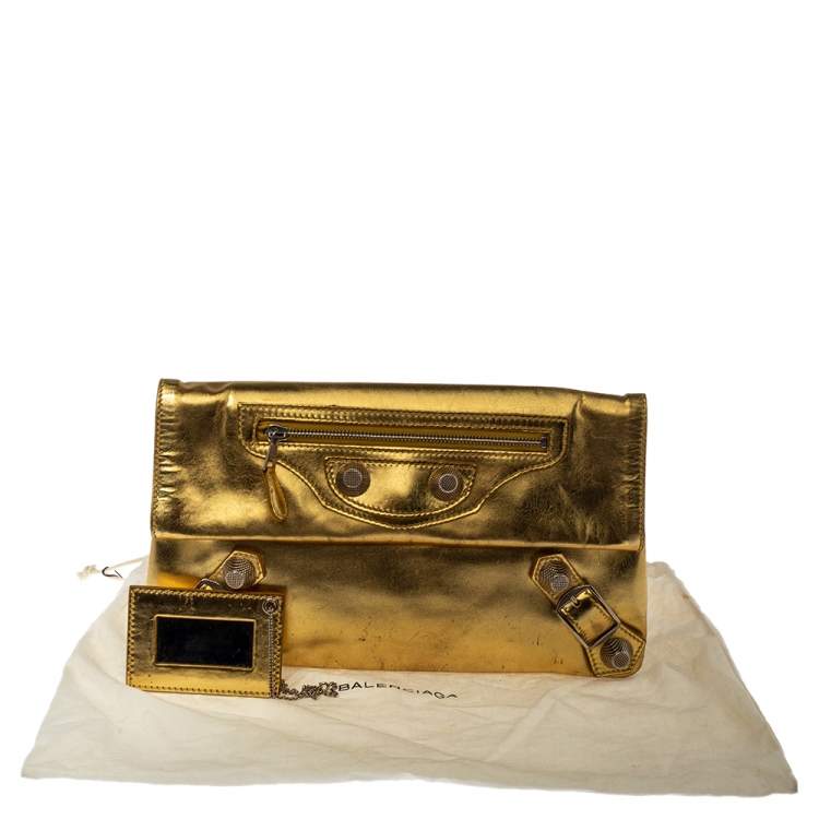 Pre Owned Balenciaga Metallic Gold Leather Motocross Giant 21 Envelope Clutch