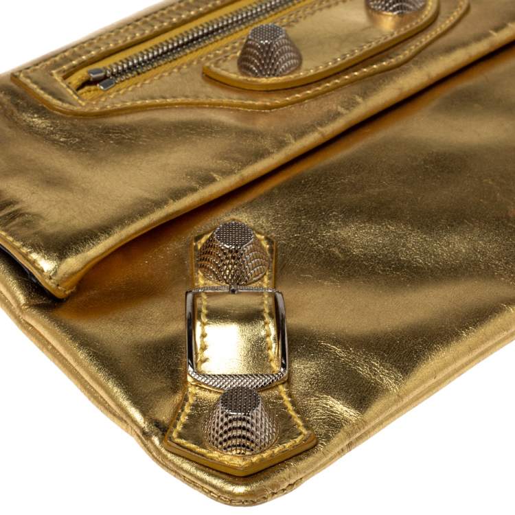 Pre Owned Balenciaga Metallic Gold Leather Motocross Giant 21 Envelope Clutch