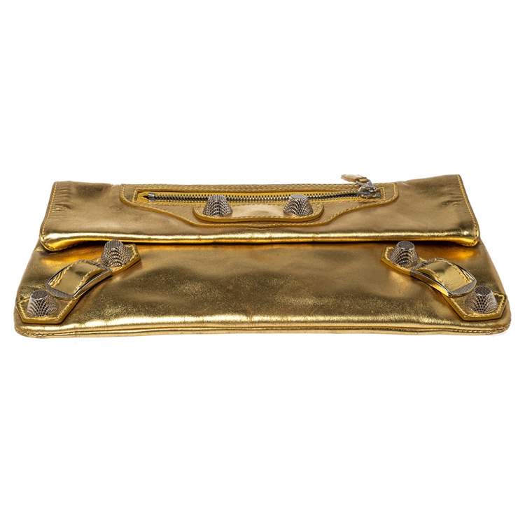 Pre Owned Balenciaga Metallic Gold Leather Motocross Giant 21 Envelope Clutch