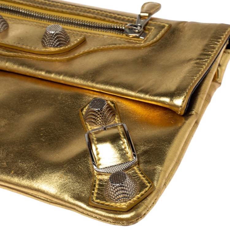 Pre Owned Balenciaga Metallic Gold Leather Motocross Giant 21 Envelope Clutch