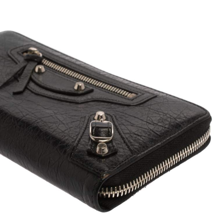 Pre Owned Balenciaga Black Leather City Zip Around Wallet