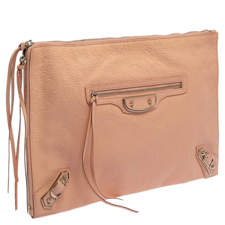 Pre Owned Balenciaga Vieux Rose Leather Motocross Metallic Edge Pouch 