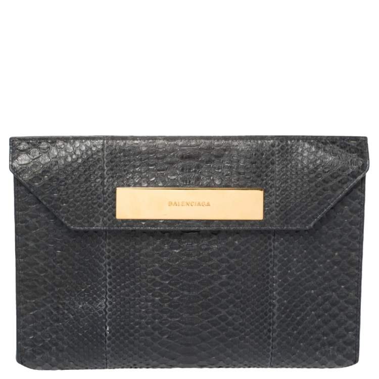 Pre Owned Balenciaga Navy Blue/White Python and Leather Logo Plaque Clutch