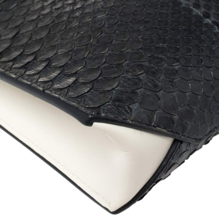 Pre Owned Balenciaga Navy Blue/White Python and Leather Logo Plaque Clutch