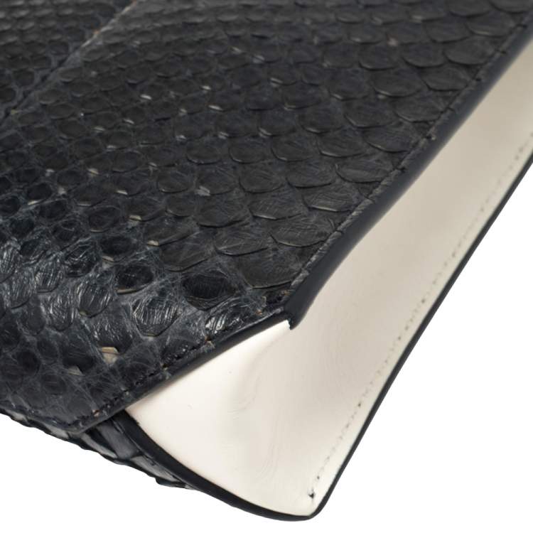 Pre Owned Balenciaga Navy Blue/White Python and Leather Logo Plaque Clutch