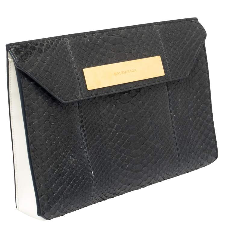 Pre Owned Balenciaga Navy Blue/White Python and Leather Logo Plaque Clutch