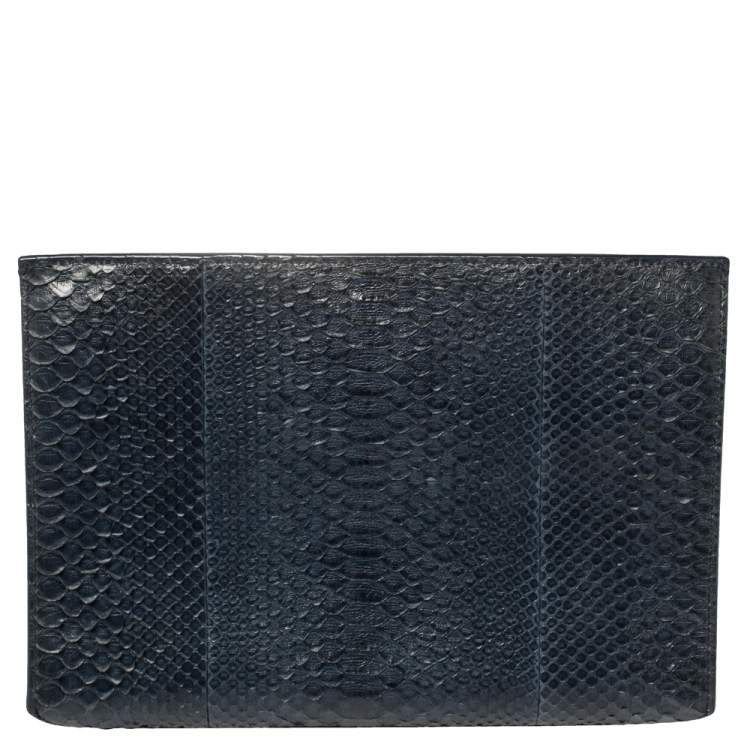 Pre Owned Balenciaga Navy Blue/White Python and Leather Logo Plaque Clutch