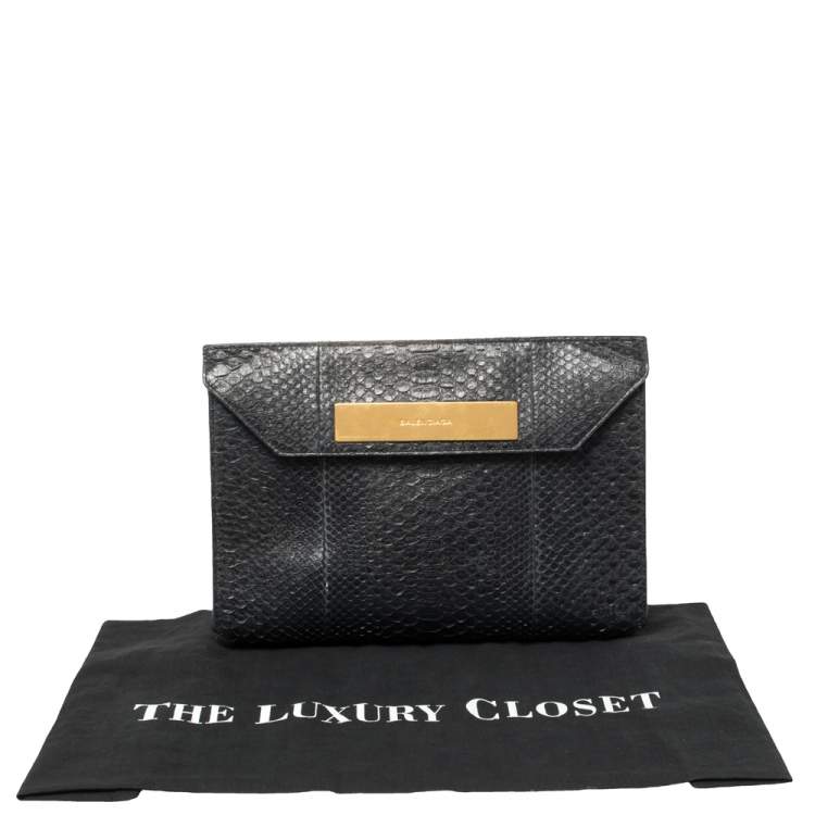 Pre Owned Balenciaga Navy Blue/White Python and Leather Logo Plaque Clutch