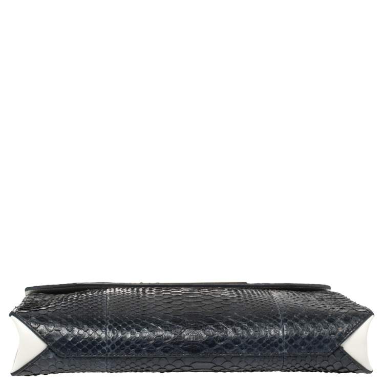 Pre Owned Balenciaga Navy Blue/White Python and Leather Logo Plaque Clutch