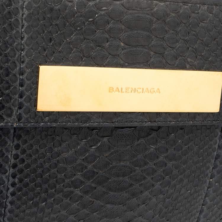 Pre Owned Balenciaga Navy Blue/White Python and Leather Logo Plaque Clutch