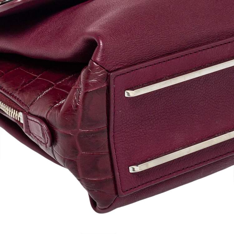 Pre Owned Balenciaga Burgundy Croc Embossed and Leather Le Dix Cartable Top Handle Bag