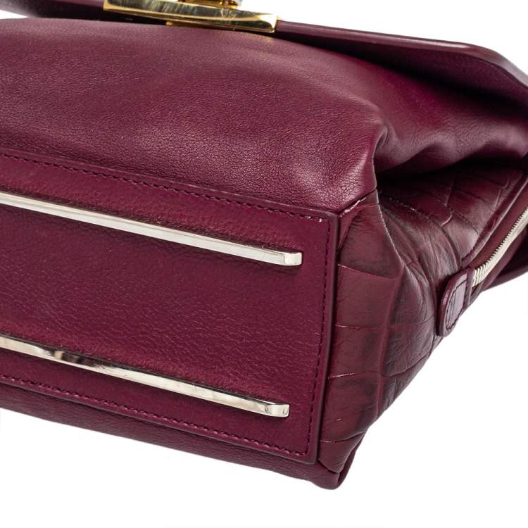 Pre Owned Balenciaga Burgundy Croc Embossed and Leather Le Dix Cartable Top Handle Bag