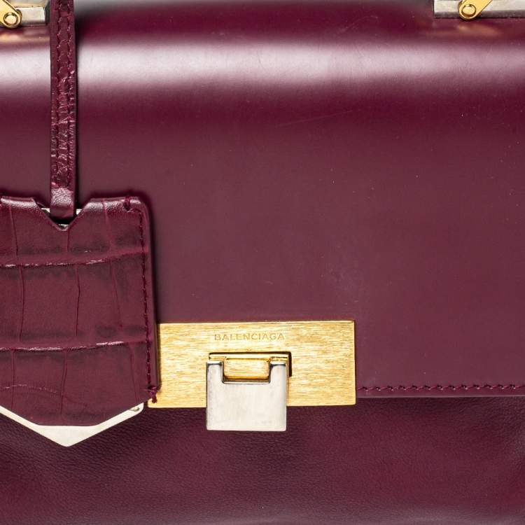Pre Owned Balenciaga Burgundy Croc Embossed and Leather Le Dix Cartable Top Handle Bag