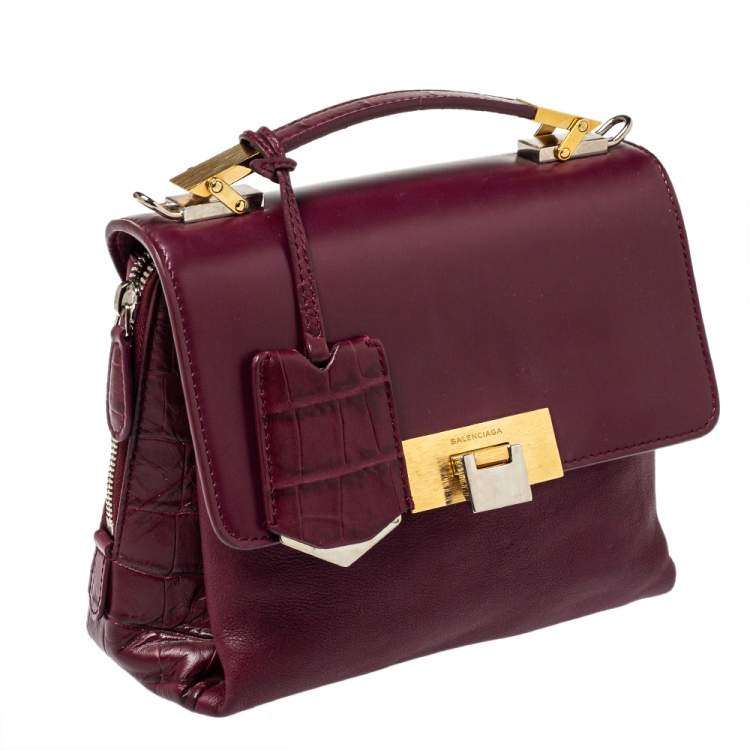 Pre Owned Balenciaga Burgundy Croc Embossed and Leather Le Dix Cartable Top Handle Bag