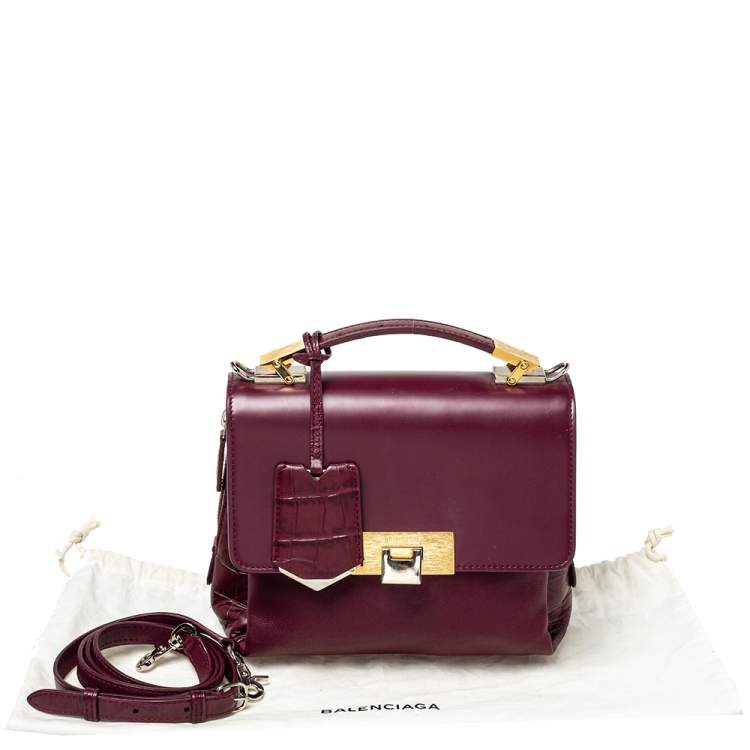 Pre Owned Balenciaga Burgundy Croc Embossed and Leather Le Dix Cartable Top Handle Bag