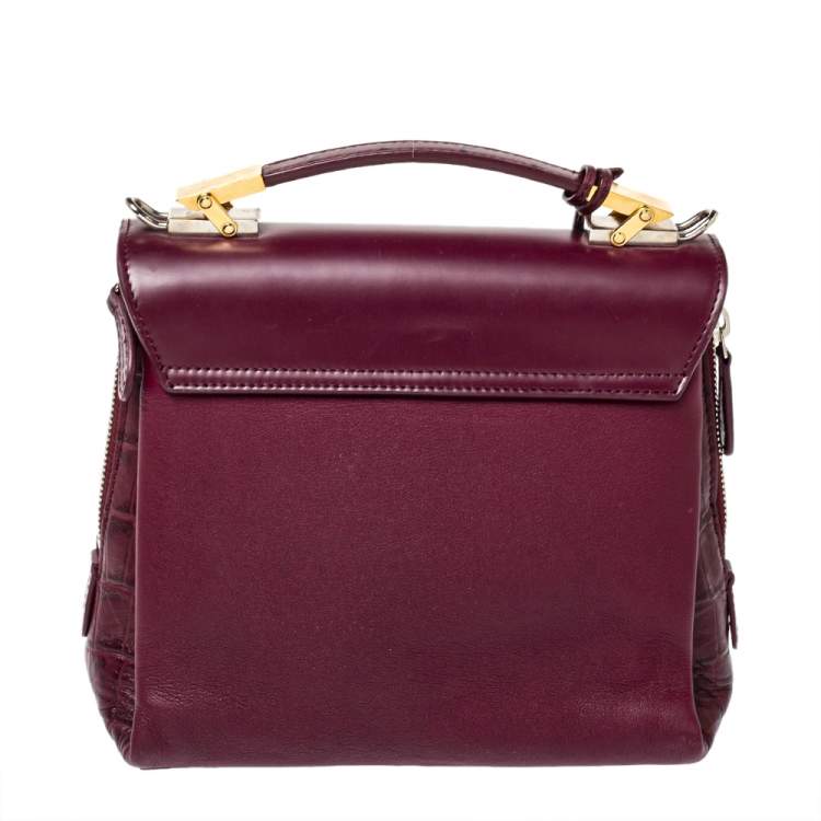 Pre Owned Balenciaga Burgundy Croc Embossed and Leather Le Dix Cartable Top Handle Bag